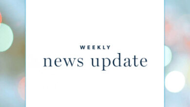 the text "weekly news update" on a white square, surrounded by dots of light in a square border