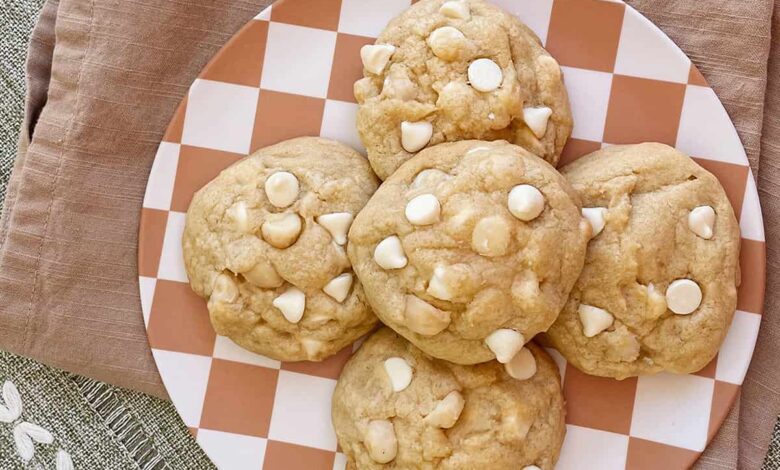 white chocolate macadamia nut cookies on plate