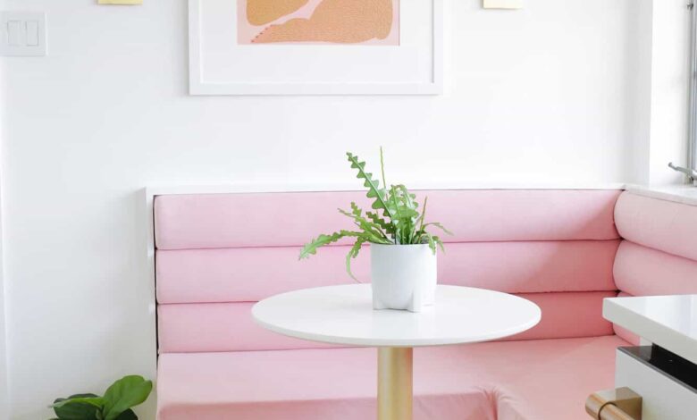 Pink banquette in kitchen corner