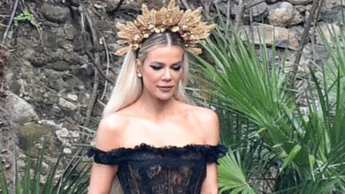 Khloé Kardashian wore a tiara and a Sheer Corset dress to Kourtney's wedding