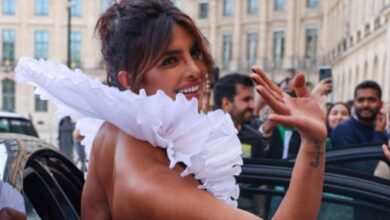 All eyes on Priyanka Chopra: The actress stuns in a 'contrasting pigeon dress' as she attends an event in Paris