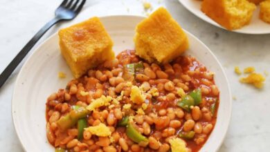 homemade baked beans served with cornbread