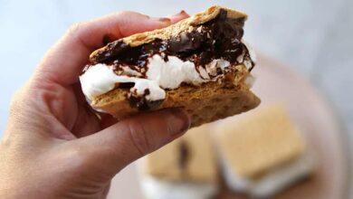 hand holding a s'more sandwich with a bite taken out