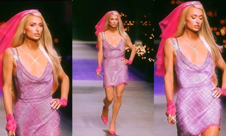 Paris Hilton rocked the bride in a sparkly pink gown as she walked the Versace runway