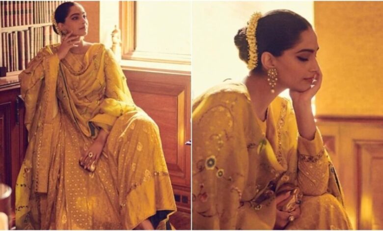 Sonam Kapoor is the epitome of elegance in yellow anarkali.  inside photo