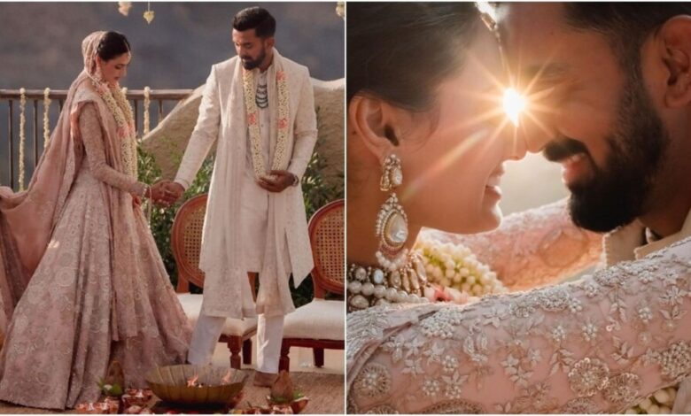 Athiya Shetty married KL Rahul in a pink handmade wedding lehenga by Anamika Khanna, who took 10,000 hours to make.  More details inside |  Fashion trends