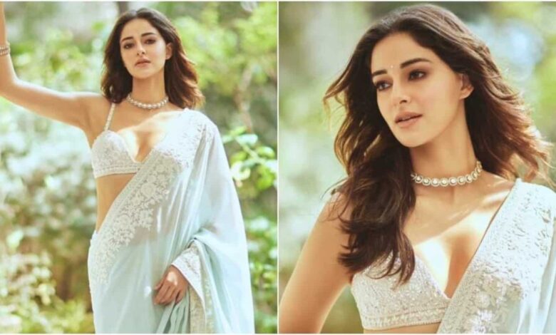 Ananya Panday in ice blue saree and bralette nails as bridesmaid for Alanna Panday's wedding |  Fashion trends