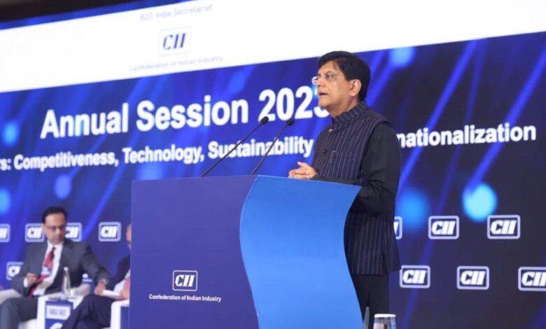 Union minister Piyush Goyal at the Confederation of Indian Industry (CII) Annual Session 2023. Pic: Twitter/@PiyushGoyal
