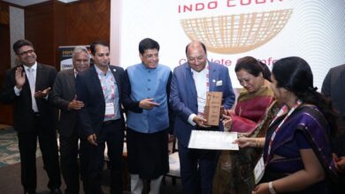 KK Lalpuria, executive director & CEO of Indo Count Industries Ltd, receives award from textiles minister Piyush Goyal and MoS for textiles Darshana Jardosh. Pic: CITI